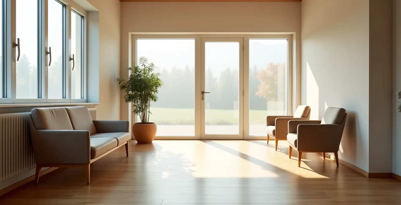 Ein leeres, ruhiges Wartezimmer einer psychotherapeutischen Praxis in Deutschland, das eine professionelle und sichere Atmosphäre ausstrahlt.