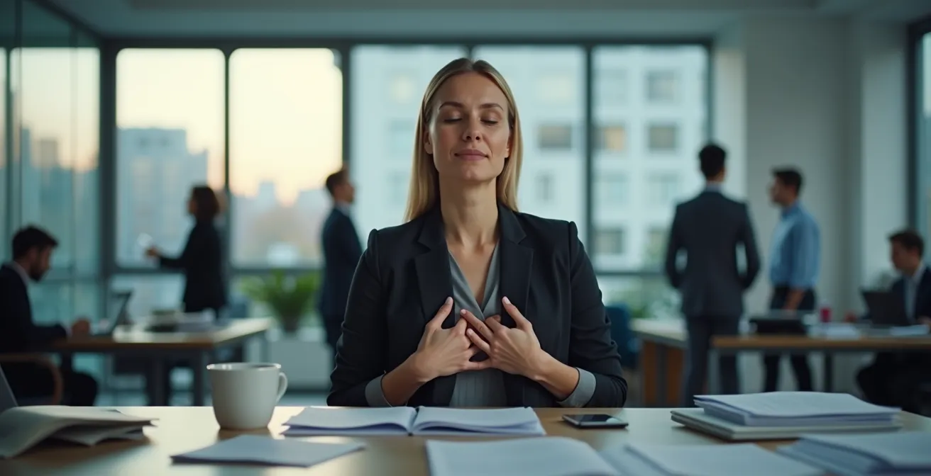 Person praktiziert Atemübungen zur emotionalen Regulation in stressiger Büroumgebung