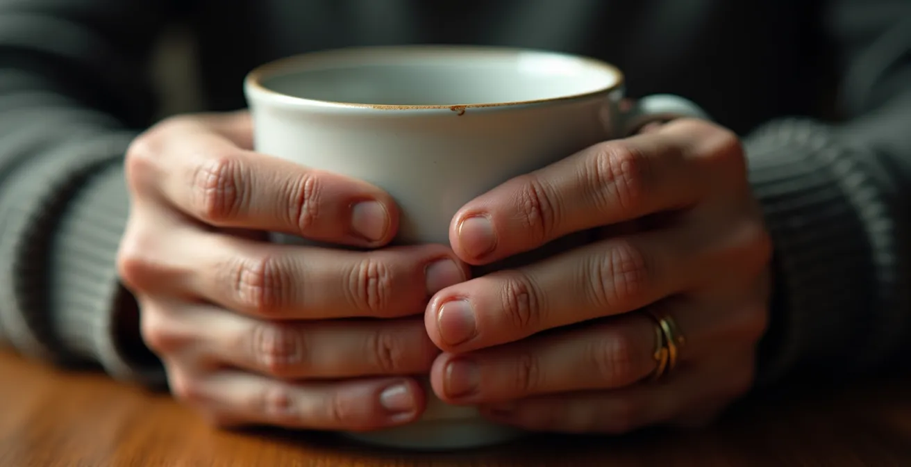 Eine Person zeigt durch angespannte Hände an einer Kaffeetasse körperliche und emotionale Erschöpfungszeichen.