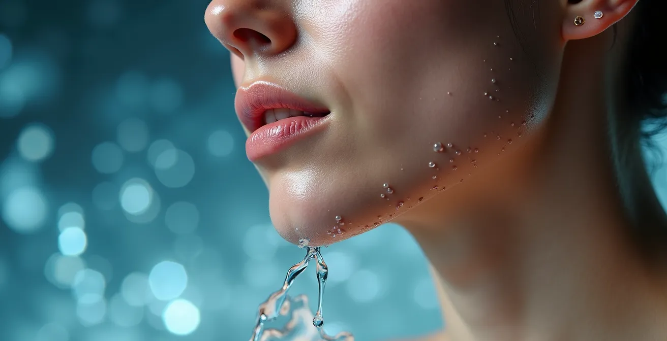 Nahaufnahme einer Person die ihr Gesicht mit kaltem Wasser benetzt