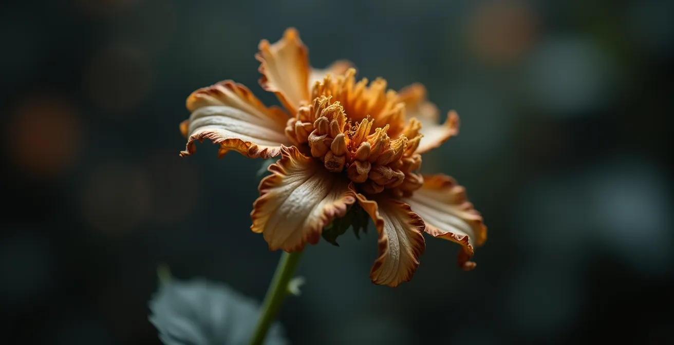 Nahaufnahme einer verwelkenden Blume als Metapher für toxische Beziehungen