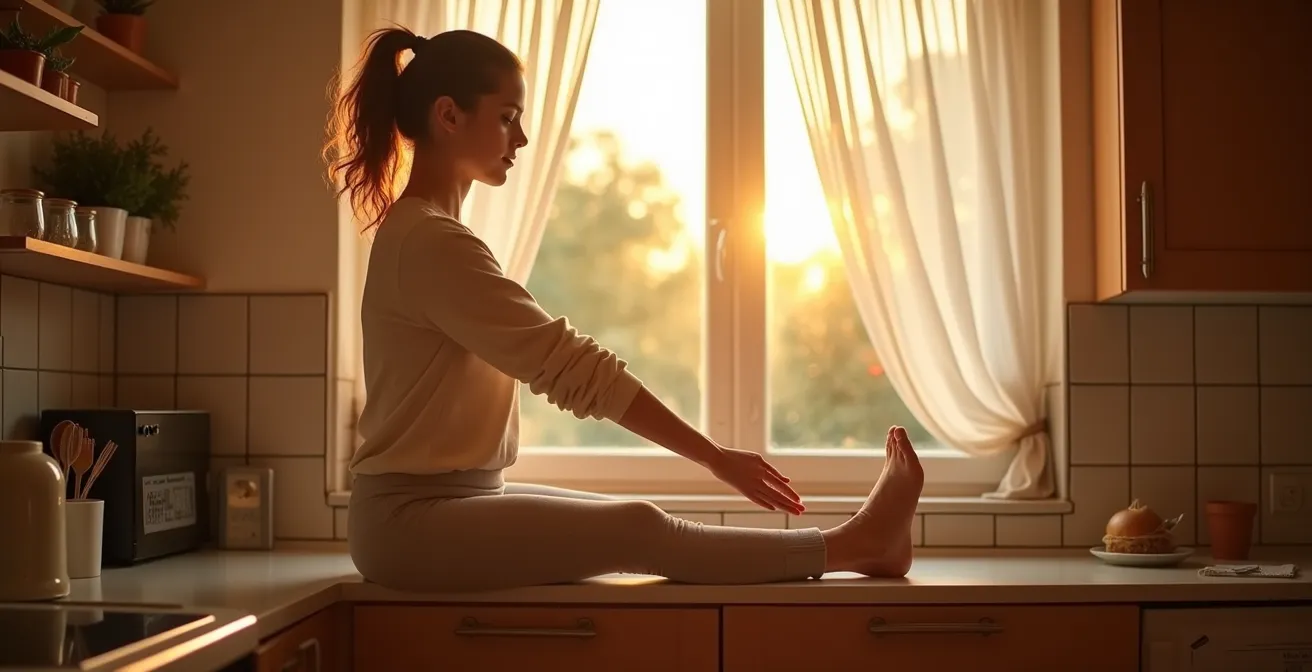 Person beim morgendlichen Kaffee mit Dehnübungen am Küchentisch