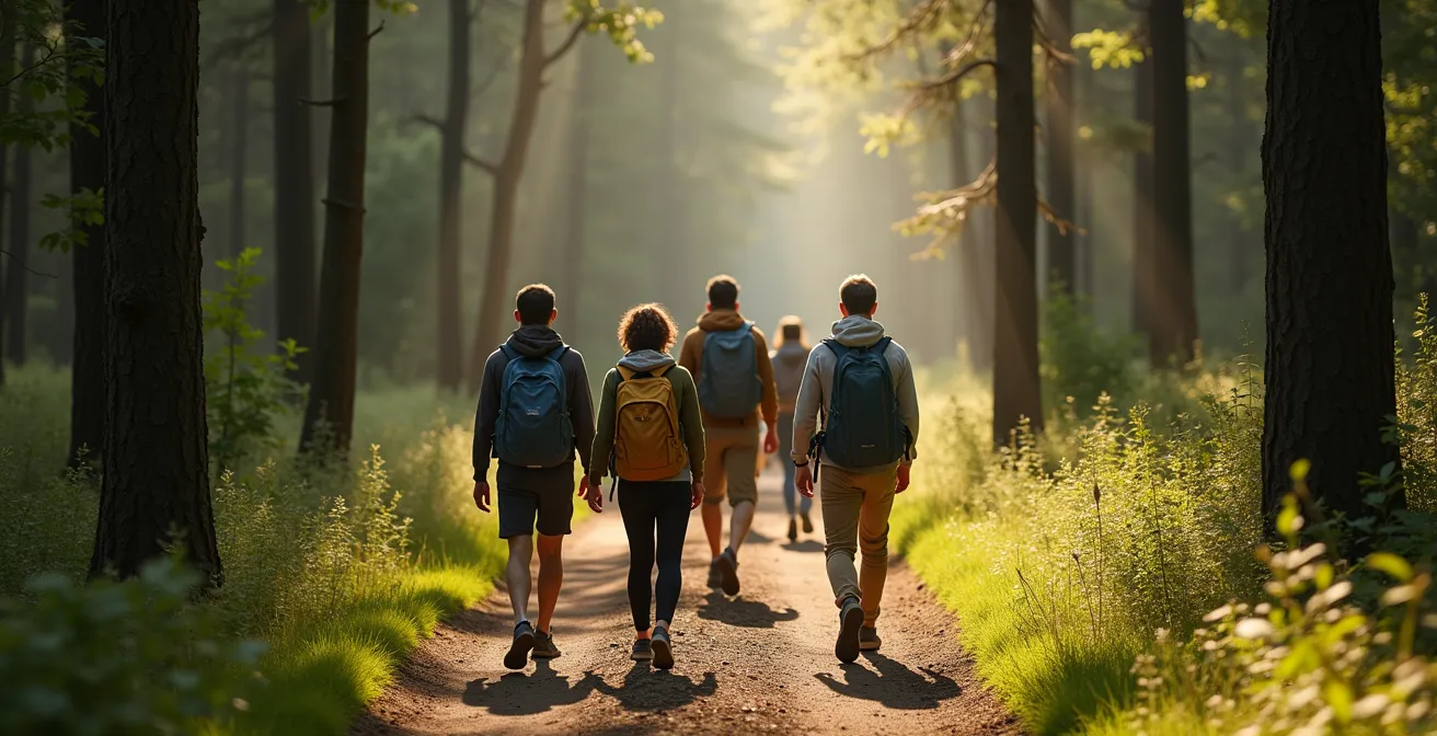 Menschen beim gemeinsamen Wandern in der Natur als Symbol für Synergie-Aktivitäten