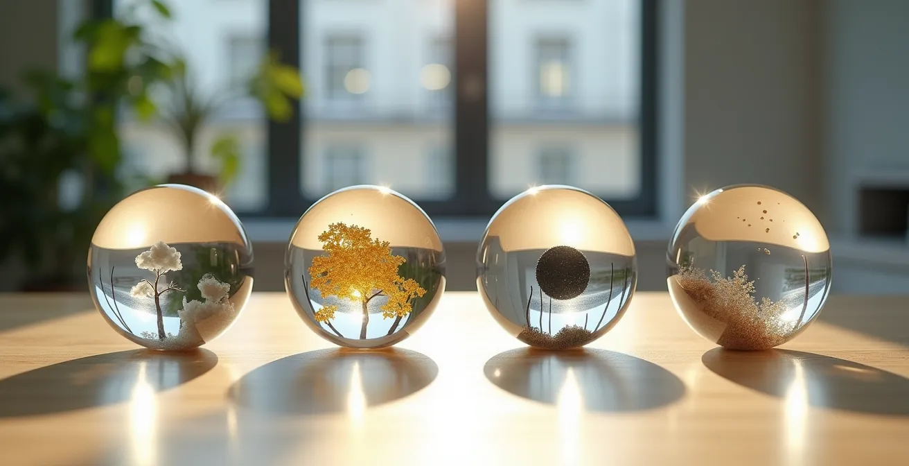 Abstrakte Darstellung des WOOP-Prozesses mit vier verbundenen Sphären, die Wunsch, Ergebnis, Hindernis und Plan symbolisieren