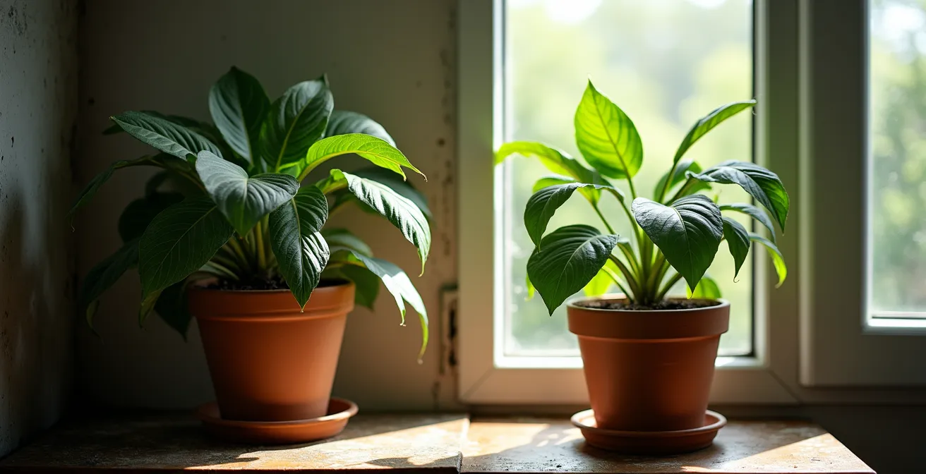 Gespaltenes Bild zeigt links verwelkte Pflanze in dunkler Ecke, rechts blühende Pflanze im Sonnenlicht